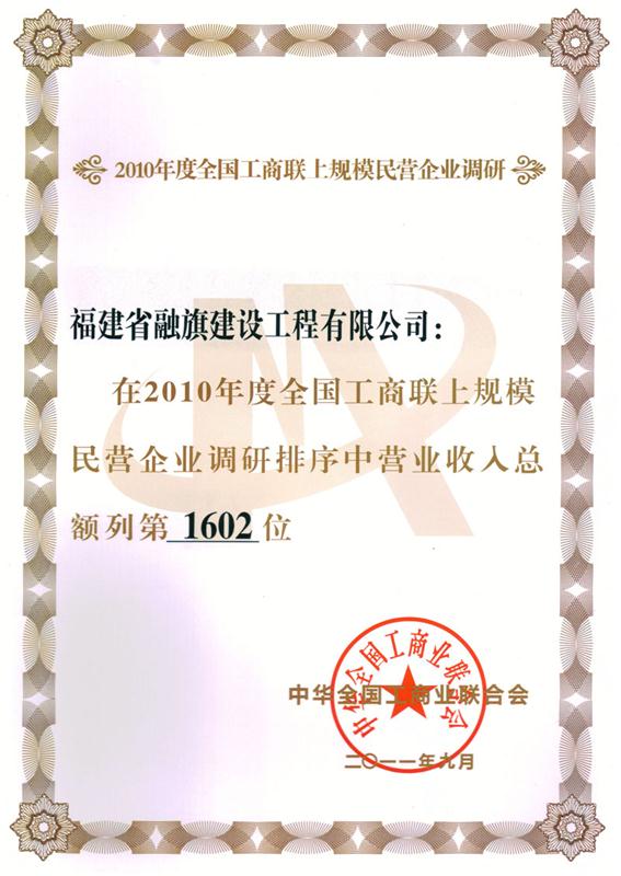 2011.9在2010年度全國工商聯(lián)上規(guī)模民營企業(yè)調(diào)研排序中營業(yè)收入總額列第1602位